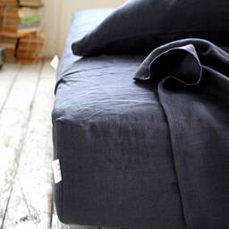 Midnight Blue Linen Fitted Sheet, Stonewashed Bedding - thumbnail 3