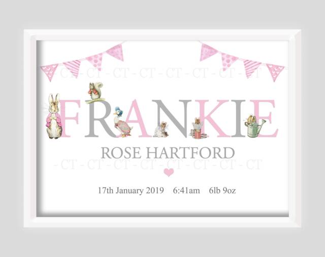 Personalised Peter Rabbit Baby Girl Bunny Print Unframed Birth Gift New Keepsake - image 1