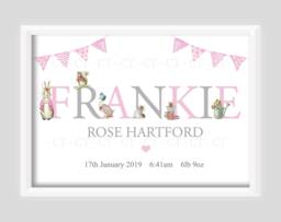 Personalised Peter Rabbit Baby Girl Bunny Print Unframed Birth Gift New Keepsake - thumbnail 1