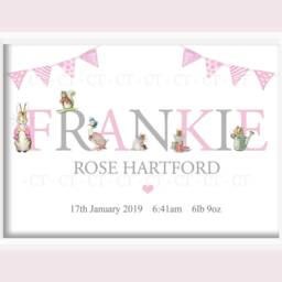 Personalised Peter Rabbit Baby Girl Bunny Print Unframed Birth Gift New Keepsake - thumbnail 2
