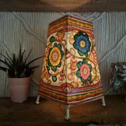 Hand-Painted Floral Leather Lampshade Boho Tribal Art Lighting - thumbnail 3