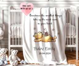 Personalised Pooh Bear Friend Blanket Cushion, Baby Comforter With Romper & Nappy Cuddy - thumbnail 1