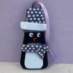 Fused Glass Penguin Christmas Ornament, Polka Dot Hat - thumbnail 1