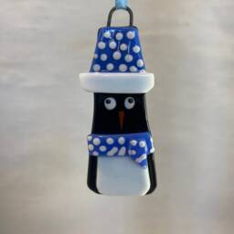Fused Glass Penguin Christmas Ornament, Polka Dot Hat - thumbnail 4
