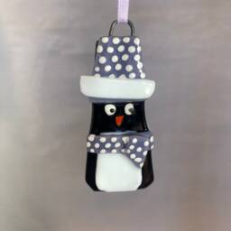 Fused Glass Penguin Christmas Ornament, Polka Dot Hat - thumbnail 2