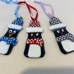 Fused Glass Penguin Christmas Ornament, Polka Dot Hat - thumbnail 3