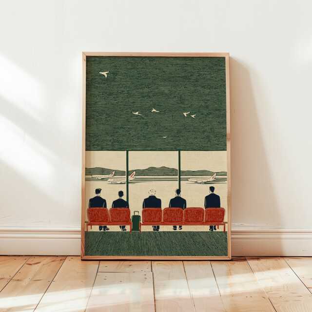 Airport Lounge Poster - Mid Century Travel Illustration Retro Aviation Scene - image 1