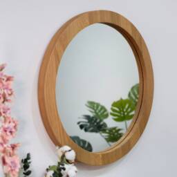Solid Oak Round Wall Mirror Modern Minimalist Bathroom Bedroom Mirror - thumbnail 2