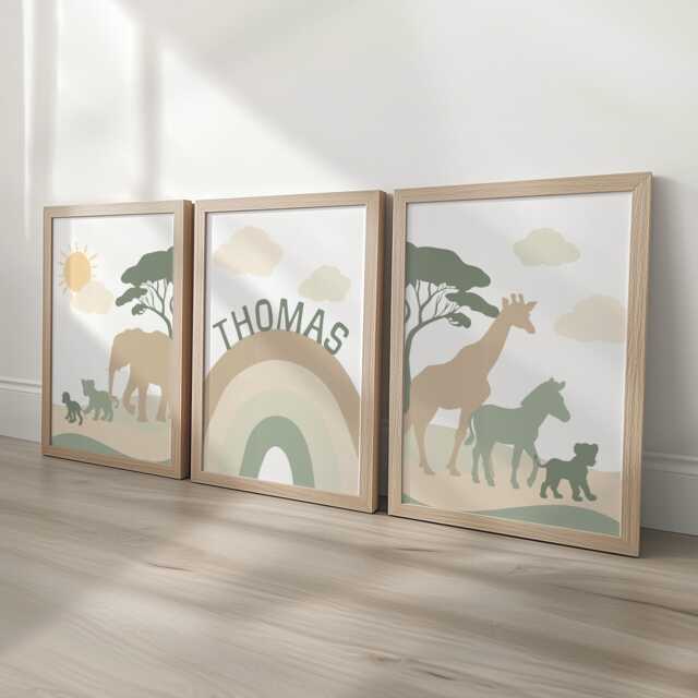 Safari Nursery Decor Personalised Wall Art, Rainbow Print Baby Room Gift, Zebra Giraffe Jungle Theme Boys Bedroom, Framed Childs Set - image 1
