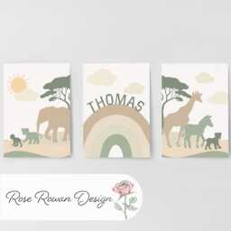 Safari Nursery Decor Personalised Wall Art, Rainbow Print Baby Room Gift, Zebra Giraffe Jungle Theme Boys Bedroom, Framed Childs Set - thumbnail 3