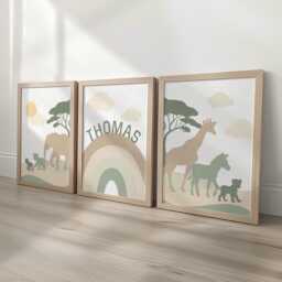 Safari Nursery Decor Personalised Wall Art, Rainbow Print Baby Room Gift, Zebra Giraffe Jungle Theme Boys Bedroom, Framed Childs Set - thumbnail 1