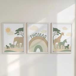 Safari Nursery Decor Personalised Wall Art, Rainbow Print Baby Room Gift, Zebra Giraffe Jungle Theme Boys Bedroom, Framed Childs Set - thumbnail 2