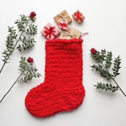 Red Knitted Christmas Stocking, Chunky Family Xmas Decor, Soft Stocking - thumbnail 1