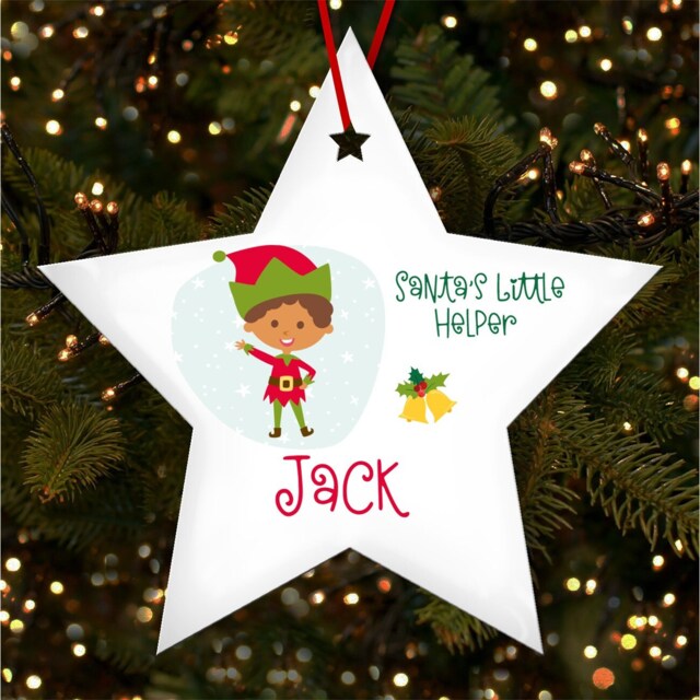 Dark Hair Boy Elf Bells Star Personalised Christmas Tree Ornament Decoration