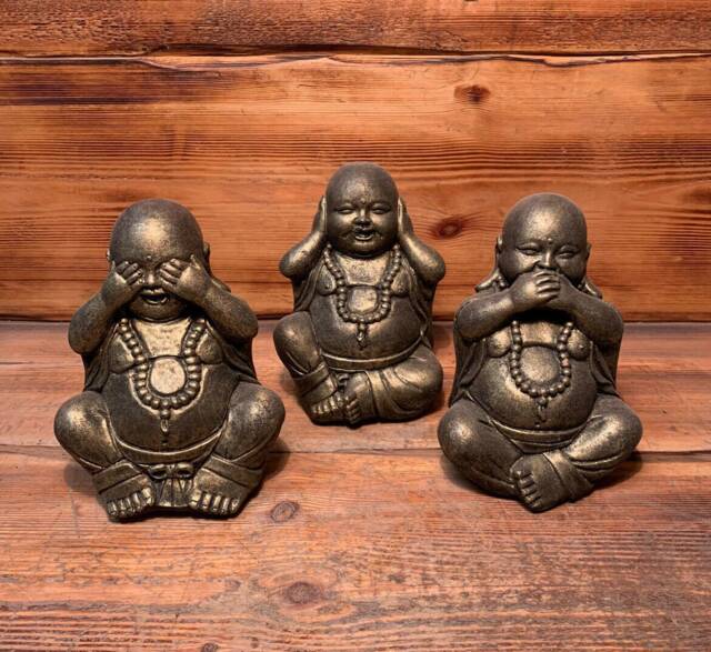 stone Garden Set Of 3 Gold Happy Buddha See Hear Speak No Evil Ornament - image 1