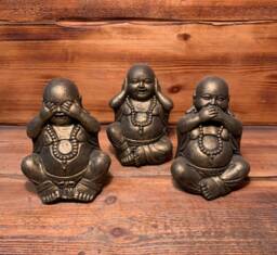 stone Garden Set Of 3 Gold Happy Buddha See Hear Speak No Evil Ornament - thumbnail 1