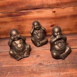 stone Garden Set Of 3 Gold Happy Buddha See Hear Speak No Evil Ornament - thumbnail 4