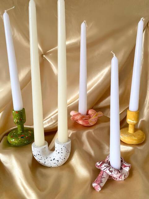 Candlestick Holder - Jesmonite Marble Pillar Candle Double U-Shaped Gift Idea Home Decor - image 1