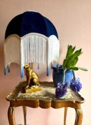 Handmade Navy Velvet Lampshade, Ivory Silk Fringe, Blue Tassels