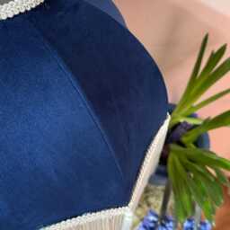 Handmade Navy Velvet Lampshade, Ivory Silk Fringe, Blue Tassels - thumbnail 3
