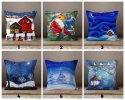 Dark Blue Winter Cushion Case/Winter Landscape Pillow Cover/Christmas Red Snow Decor/Housing Cover/Pine Trees Top