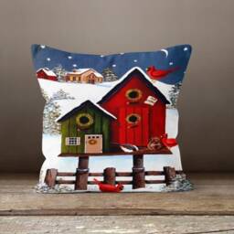 Dark Blue Winter Cushion Case/Winter Landscape Pillow Cover/Christmas Red Snow Decor/Housing Cover/Pine Trees Top - thumbnail 2