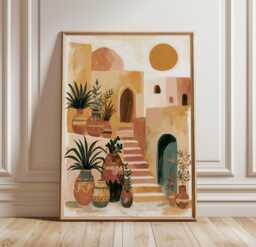Boho Desert Courtyard Poster, Mediterranean Wall Art, Terracotta Decor