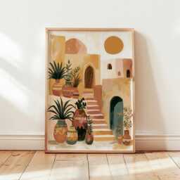 Boho Desert Courtyard Poster, Mediterranean Wall Art, Terracotta Decor - thumbnail 4