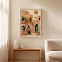 Boho Desert Courtyard Poster, Mediterranean Wall Art, Terracotta Decor - thumbnail 3