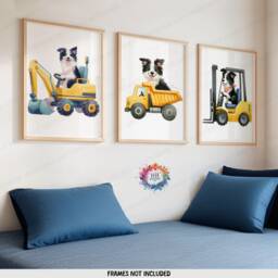 Dog Construction Nursery Decor - Set Of 3 Kids Posters - Digger Prints Truck Poster Kid Collie Print Transport Wall Art Boys Girls - thumbnail 1