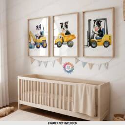 Dog Construction Nursery Decor - Set Of 3 Kids Posters - Digger Prints Truck Poster Kid Collie Print Transport Wall Art Boys Girls - thumbnail 2