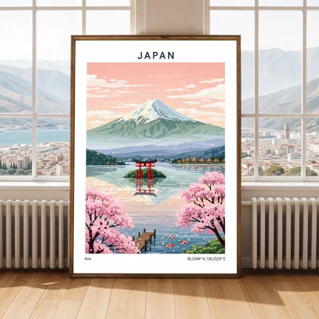 Japan Art Print - Vintage Style, Pink Cherry Blossoms, Mount Fuji, Lake Reflection, Tokyo Area - image 1