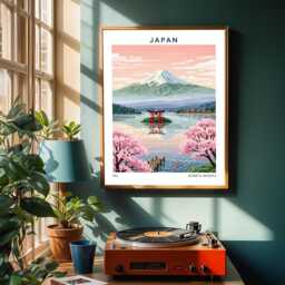 Japan Art Print - Vintage Style, Pink Cherry Blossoms, Mount Fuji, Lake Reflection, Tokyo Area - thumbnail 3