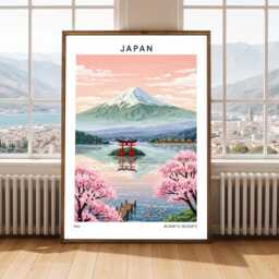 Japan Art Print - Vintage Style, Pink Cherry Blossoms, Mount Fuji, Lake Reflection, Tokyo Area - thumbnail 1