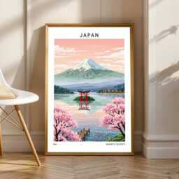 Japan Art Print - Vintage Style, Pink Cherry Blossoms, Mount Fuji, Lake Reflection, Tokyo Area - thumbnail 2