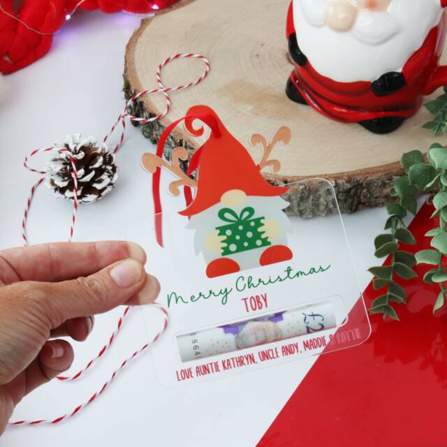 Personalised Money Holder Gnome - Hanging Bauble Acrylic Cash Wallet- Gift Christmas - image 1