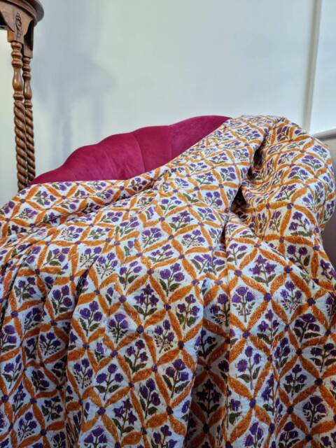 Kantha Stitch Pure Cotton Reversible Bed/Sofa Throw King Size - Handmade Handprinted Floral Dohar White Yellow Purple Diamond Weave Petal - image 1