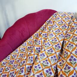 Kantha Stitch Pure Cotton Reversible Bed/Sofa Throw King Size - Handmade Handprinted Floral Dohar White Yellow Purple Diamond Weave Petal - thumbnail 3