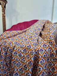 Kantha Stitch Pure Cotton Reversible Bed/Sofa Throw King Size - Handmade Handprinted Floral Dohar White Yellow Purple Diamond Weave Petal - thumbnail 1