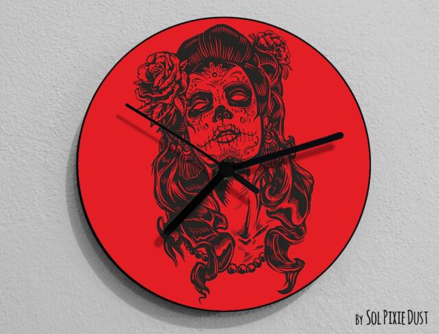 Red Sugar Skull - Day Of The Dead -Dia De Los Muertos Calavera Wall Clock - image 1