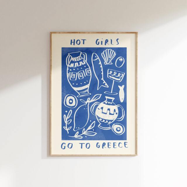 Hot Girls Go To Greece Wall Print - Euro Summer Illustration Greek Poster Beach Shells Lemon Sea Olives Art Gifts For - image 1