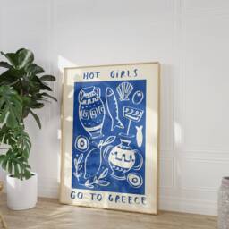 Hot Girls Go To Greece Wall Print - Euro Summer Illustration Greek Poster Beach Shells Lemon Sea Olives Art Gifts For - thumbnail 3
