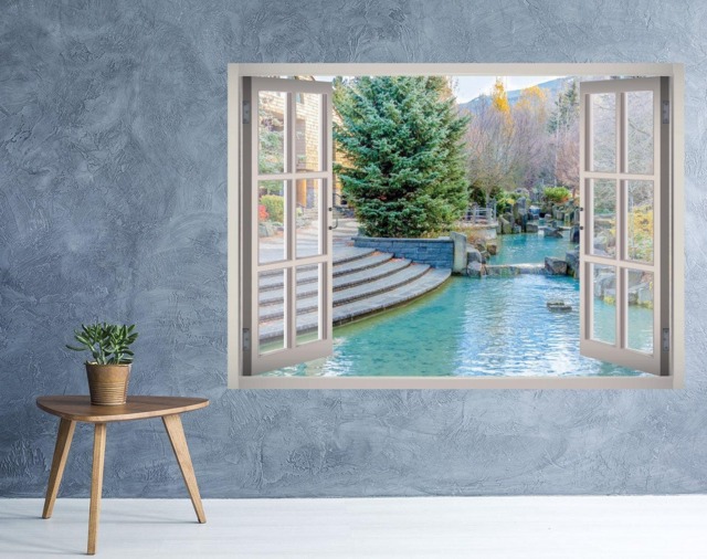 Nature Pool Town View Window 3D Wall Decal Art Removable Wallpaper Mountain Landscape Mural Sticker Vinyl Home Decor - image 1