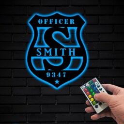 Police Officer Metal Wall Art Led Light Personalized, Us Policeman Name Sign, Thin Blue Line Hanging, Gift For Husband - thumbnail 2