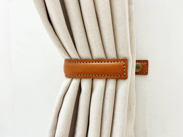 Hand-stitched Leather Curtain Tie Back - Wall-Mounted, Japandi Decor - image 1