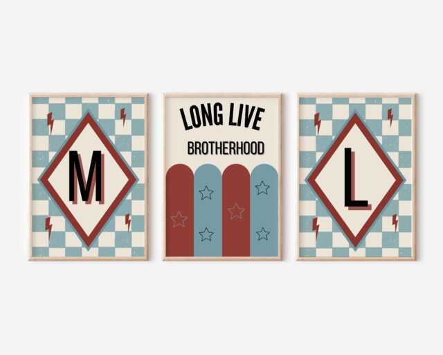 Retro Initial Letter Print Set, Long Live Brotherhood Art, Custom Dorm Decor - image 1