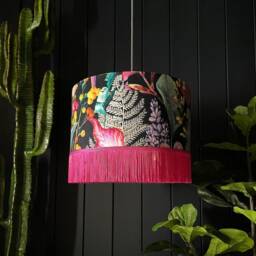 Acid Jungle Trippy Tropical Lampshade With Hot Pink Fringing. Handmade To Order in The UK