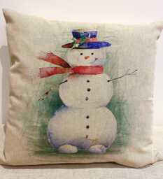 Snowman Cushion, Christmas Linen Look Pillow, With Zip Fastening - thumbnail 1