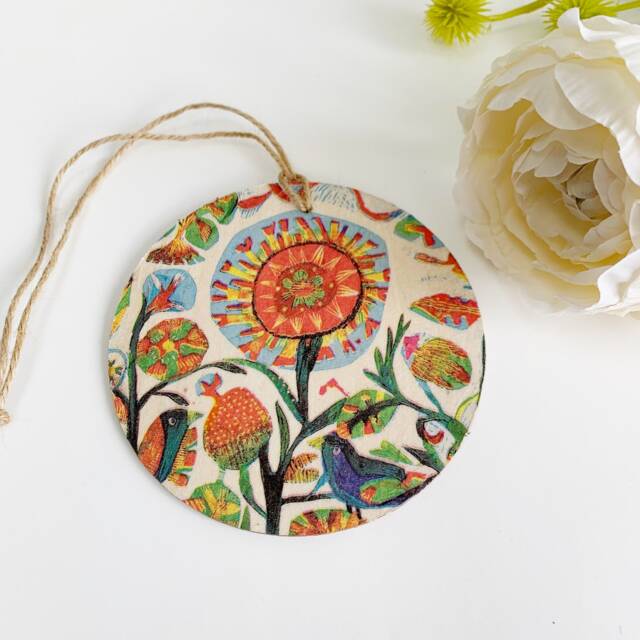 Flower & Bird Handcrafted 10cm Decoupaged Wooden Disc Ornament - image 1