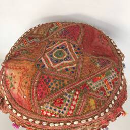 Handmade Patchwork Embroidered Meditation Cushion Cover, Round Vintage Bohemian Pillow, 35 - thumbnail 3